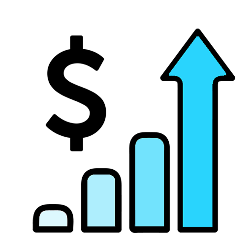 Blue stock chart graph with an upward indicator along with a dollar sign logo